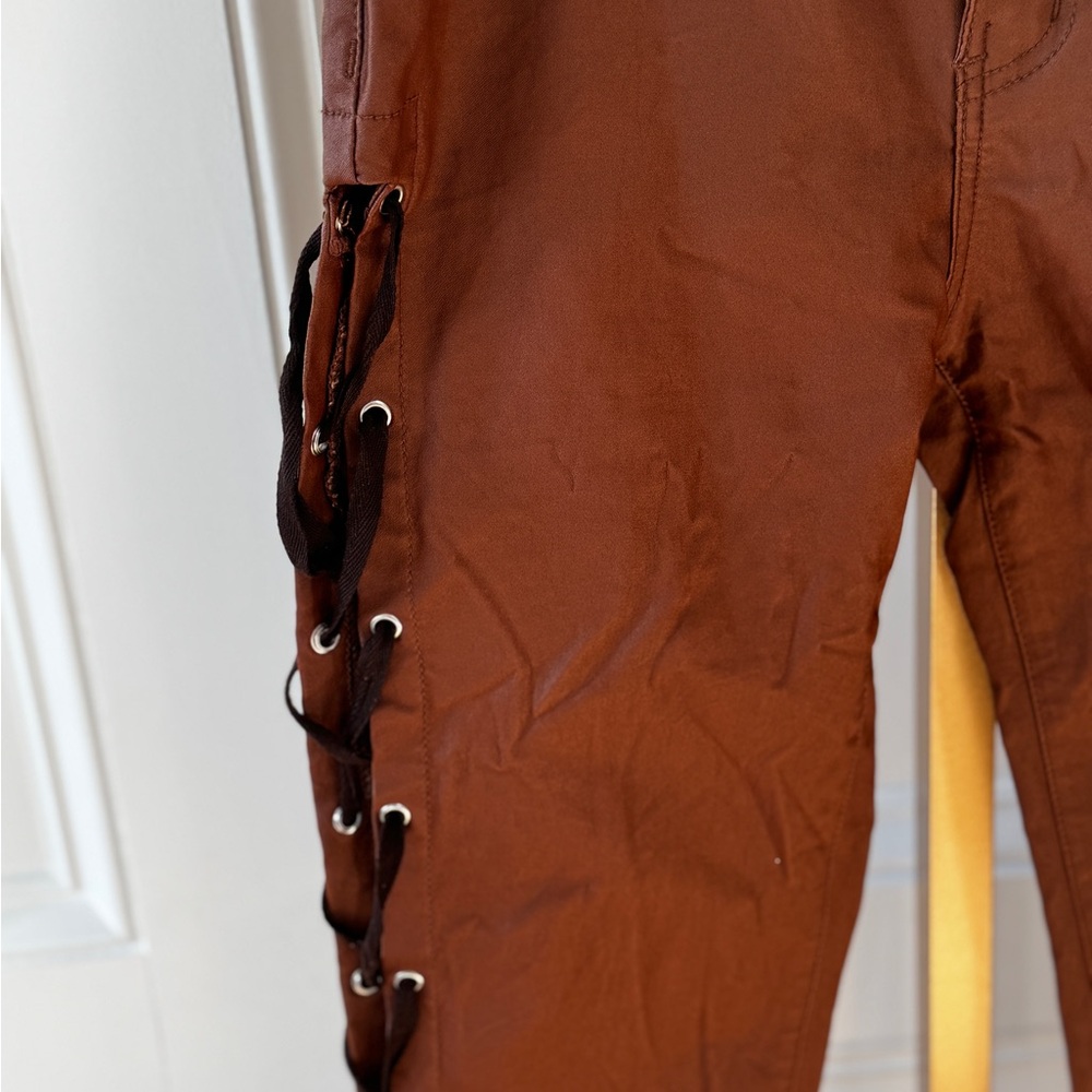 Y2K Brown Faux Leather SideLace Up Pants Women’s Slim Shein Moto Festival 28 - Picture 3 of 6